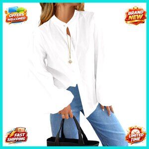 Oversized Lantern Sleeve Button Down Blouse Cotton Loose Fit Mock Neck